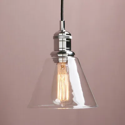 7.3 Retro Industrial Ceiling Pendant Light Loft Lamp Funnel Clear Glass Shade • £39.99