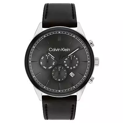 Calvin Klein Black Leather Dark Grey Dial Multi-function Men's Watch - 25200379 • $239