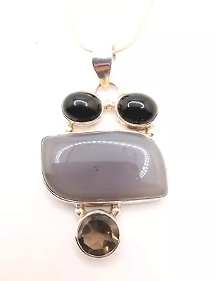 Onyx Chalcedony Smokey Quartz Sterling Silver Pendant With A 16  925 Chain • $40