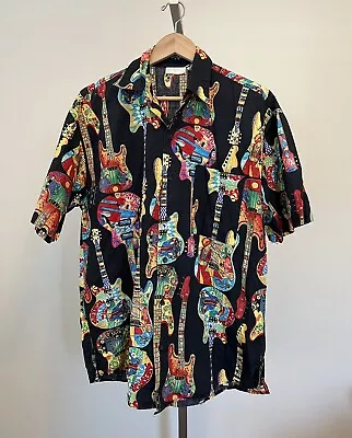 Gottex Mens Vintage Hippie Guitars Black Button Front Shirt Size Medium • $25