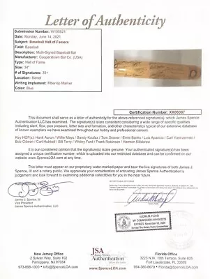 Signed Cooperstown HOF Bat W JSA LOA - 35 + Signatures • $1300