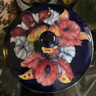 Moorcroft Pottery Orchid Covered Bowl Cobalt Blue MCM England EUC • $175