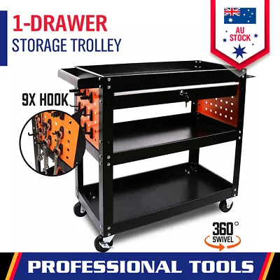 3-Tier Tool Storage Trolley Workshop Cart Steel Lockable Drawer Pegboard Hooks • $113.99