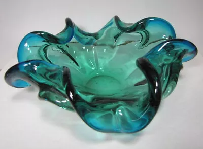 Fantastic Vintage Blue Green Swirly Murano Art Glass Bowl Heavy Glass Unsigned • $44.95