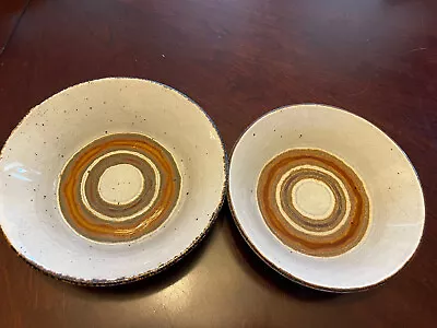 2 Stonehenge Midwinter EARTH Cereal Soup Bowls Brown Rim Circles Vintage • $15