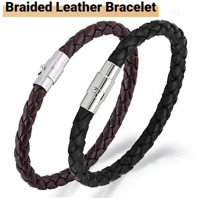 Silver Stainless Steel Magnetic Clasp Braided Leather Bracelet For Men's Women's • $3.95