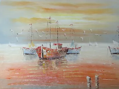 £28.95 • Buy Fishing Boats Sea Scape Ocean Sailing Large Oil Painting Canvas Original Boat
