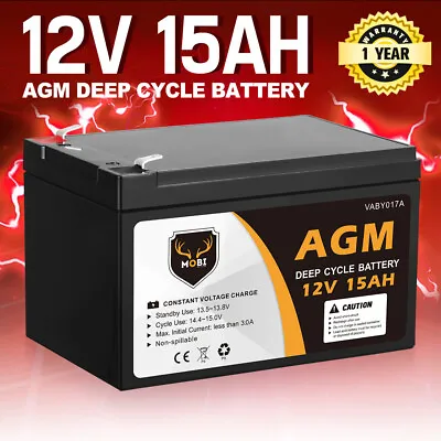 Mobi 15AH 12V AGM Battery Deep Cycle Camping Marine Solar SLA Lead Acid • $49.95