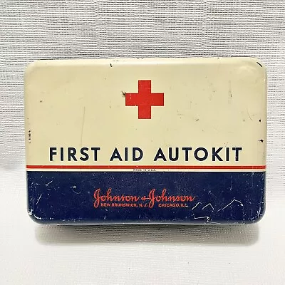 Vtg 50s Red Cross Johnson & Johnson First Aid Auto Kit Metal Tin 7x5x2” • $12.99