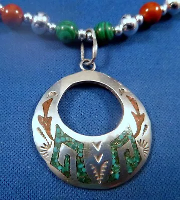 Navajo Sterling Malachite Coral Chip Inlay Round PENDANT SIGNED CB 23  Necklace • $52