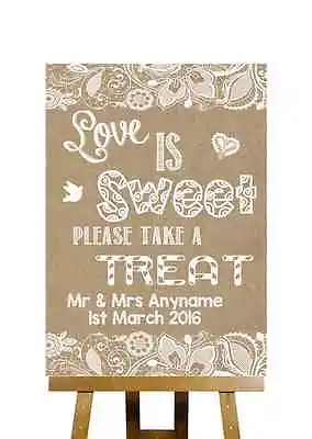 £9.95 • Buy Burlap & Lace Effect Love Is Sweet Candy Buffet Personalised Wedding Sign