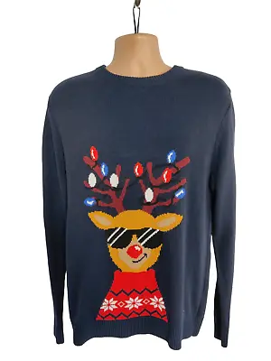 Mens Primark Size Large L Navy Cool Rudolf Reindeer Xmas Festive Jumper Pullover • £5.99