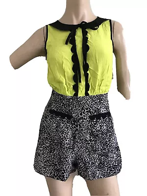 Retro 50's Leopard Neon Scallop Party Festival Playsuit Uk 8 Eu 36 Us 4 S Bnwt • £12.99