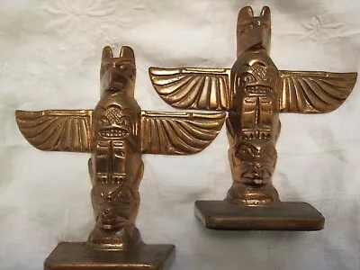 Antique Bronze Bookends Indian Art Native Aboriginal Totem Pole Eagle Bear Wolf • $580.94