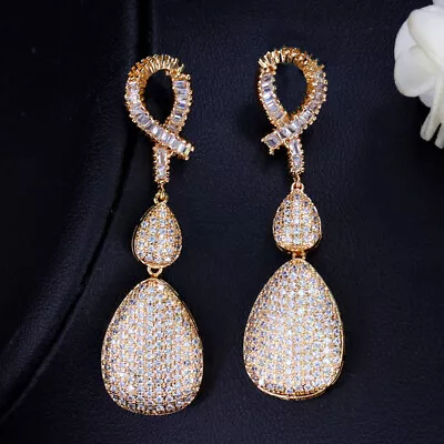 Yellow Gold Plated Micro Pave Cubic Zirconia Long Drop Earrings For Women Dress • $8.49