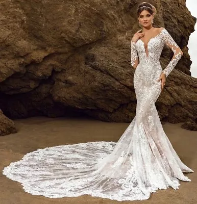 Long Sleeve Illusion Back Mermaid Lace Super Train Bridal Gown Wedding Dress • $599.99