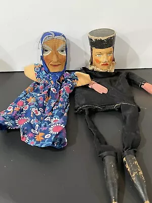 Vtg German Hand Puppets W/ Handcarved Wooden Heads Cloth Bodies-Set Of 2 • $50