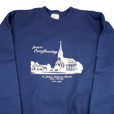 Vintage Christian Sweatshirt Mens Size XL Blue 90s Grace Overflowing Lutheran • $48.99