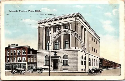 Flint Michigan~Masonic Temple~Storefronts Down Street~Both Sides~Arch~1917 PC • $10