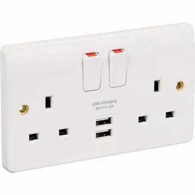 MK K2744WHI Twin Double 2 Gang Switched Plug Socket 2 X USB Sockets • £14.95