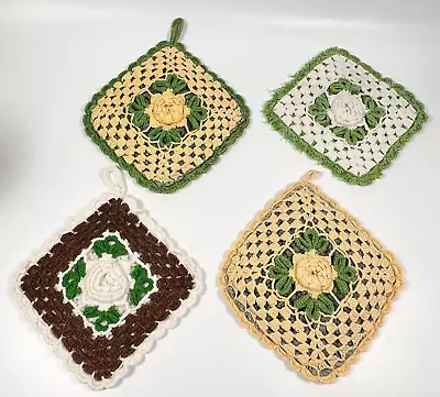 Homemade Crocheted Daffodils Squares Doily Coasters Lot Of 4 VTG Farmhouse • $14.65