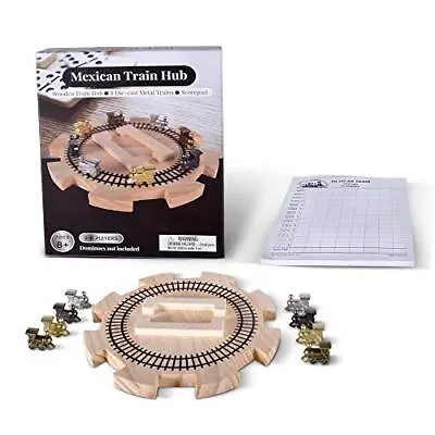 Wooden Mexican Train Hub With 8 Metal Trains And Score Pad  • $31.72