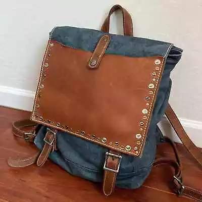 Old Trend Modern Vintage Backpack Genuine Leather Chambray Studs Snap Zip • $91.29