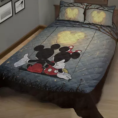 Mickey And Minnie Mouse Together Under Full Moon 3D Quilt Bedding Set BEST PRICE • $82.64