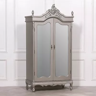 French Antique Silver Chateau Shabby Chic Mirrored Double Armoire Wardrobe • £859.99