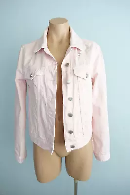 Decjuba Womens Denim Jacket Size 8 Light Pink Distressed Silver Tone Buttons • $27