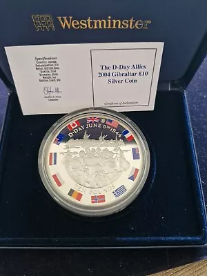 2004 D-DAY 60th ANNIVERSARY £10 5oz SILVER PROOF COIN WITH COLOUR FLAGS • £100