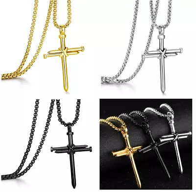 Silver Black Gold Nail Cross Pendant Necklace Chain Stainless Steel Christ Mens • $6.83