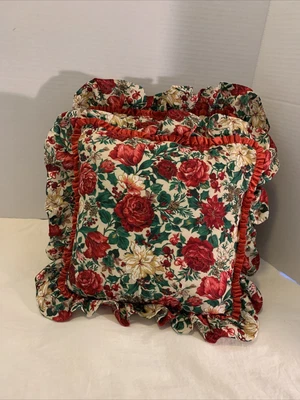 $47 • Buy Vintage Set 2 Christmas Decorative Throw Pillows Floral Tan Green Red Satin Trim