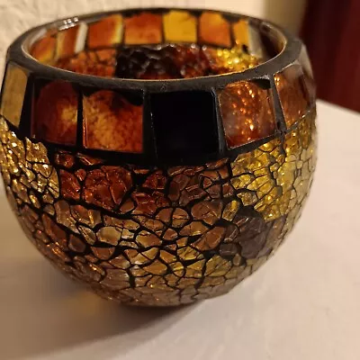 3.5  X 4  Amber/copper/brown Stained Glass Candle/votive Holder • $9