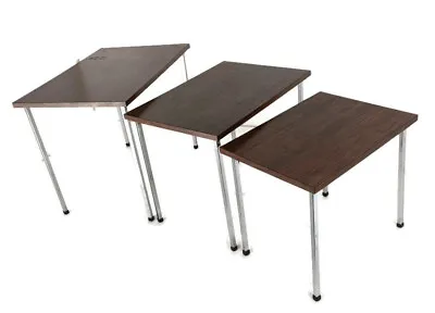Set Of 3 Modernist  Nesting Stacking Coffee Side Tables Brown Veneer Chrome Legs • $299.75