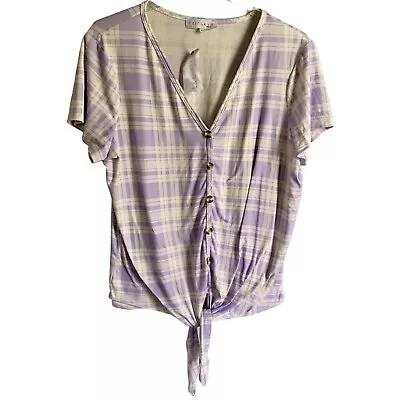 C'est La Vie Purple White Short Sleeve Top Front Tie Women's Large • $16.50