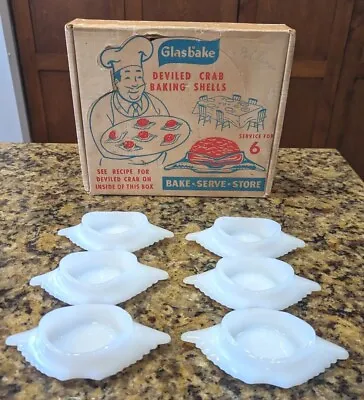 QTY 6 Glasbake White Milk Glass Deviled Crab Baking Shells IOB UNUSED No Chips • $48