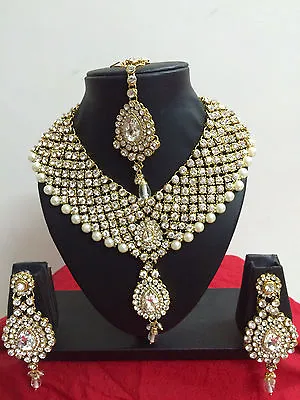 Indian Bollywood  Style Diamante Pearl Gold Tone Bridal Fashion Jewelry Set  • $19.49