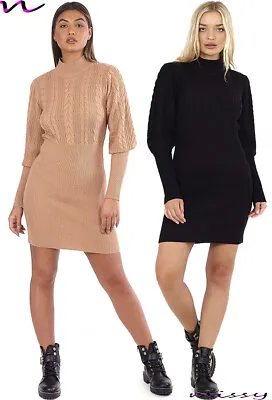 New Women's Cable Knit Long BALLOON SLEEVE Ladies Midi Jumper Dress SWEATER Blac • £9.09