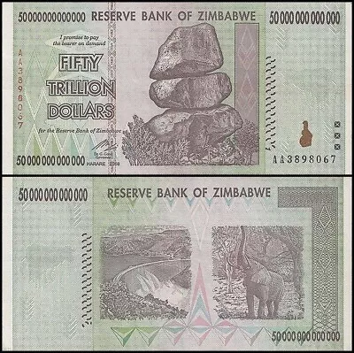 ZIMBABWE 50 TRILLION Dollar Banknotes AUTHENTIC AA Prefix Extremly Fine • £37.95