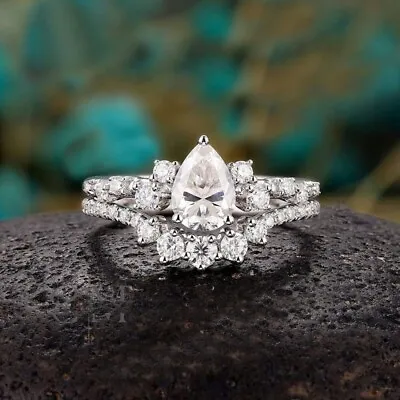 Moissanite Bridal Set Engagement Ring Solid 14K White Gold 2.50 Carat Pear Cut • $231.34