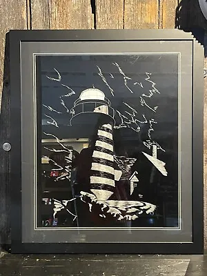 Large Vintage 1970s Lighthouse Black Scratchboard Art Painting M L Bacon Maine • $475