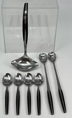 ELDAN Stainless Flatware Black Ice Tea & Sugar Spoons Gravy Ladle 7pc MCM Retro • $45