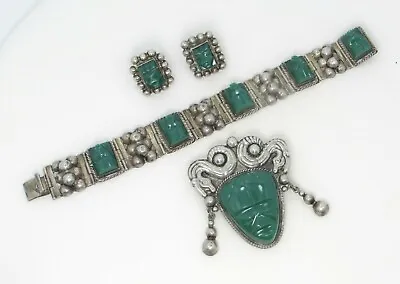 Vintage Mexican Sterling Silver Bracelet Brooch & Screw-On Earrings Aztec/Mayan • $145