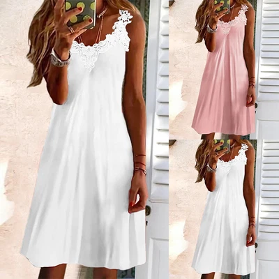 $26.19 • Buy Womens Boho Lace V-Neck Sleeveless Mini Dress Ladies Holiday Beach Loose Dress