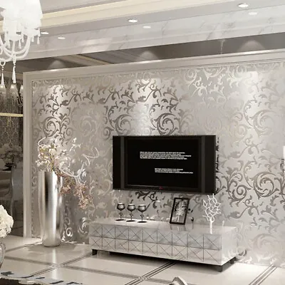 Metallic Textured Damask Embossed Wallpaper Soft Grey Silver Glitter Home Decor • £8.95