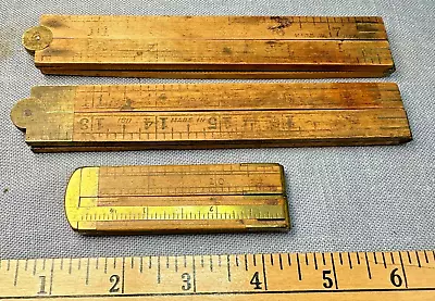 (3) Vintage Wooden FOLDING RULERS Brass Bound RULERS TOOL • $9.99