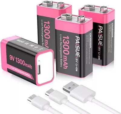 Pack Of 4 9V Rechargeable Batteries 1300mAh High Capacity Lithium-ion Long Lasti • $46.29