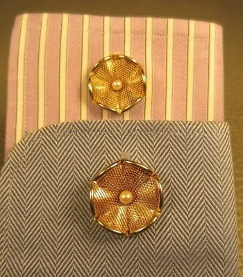 Vintage Mesh Screen Pearl Flower Petal Shaped Yellow Gold Plated Cuff Links  • $19.95