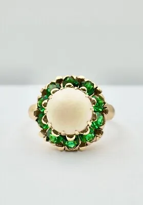 Vtg 10k Yellow Gold Natural Australian Fire Opal & Chrome Diopside Flower Ring • $249